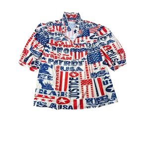Patriotic 3XL Plus Size Blouse Red White Blue Balloon Sleeve Ruffle V-Neck Top